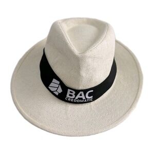 White Fedora Sun Hat Cuban, Panama, White Straw,  BAC Credomatic Logo
